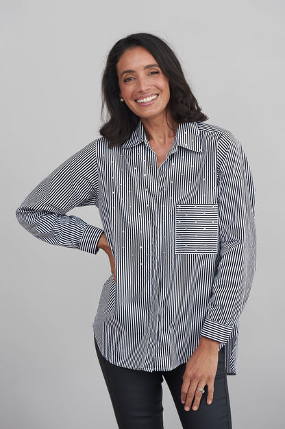 Renata Black and White Striped Collared Shirt