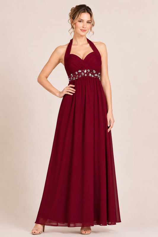 Coraline Burgundy Embellished Halterneck Evening Dress
