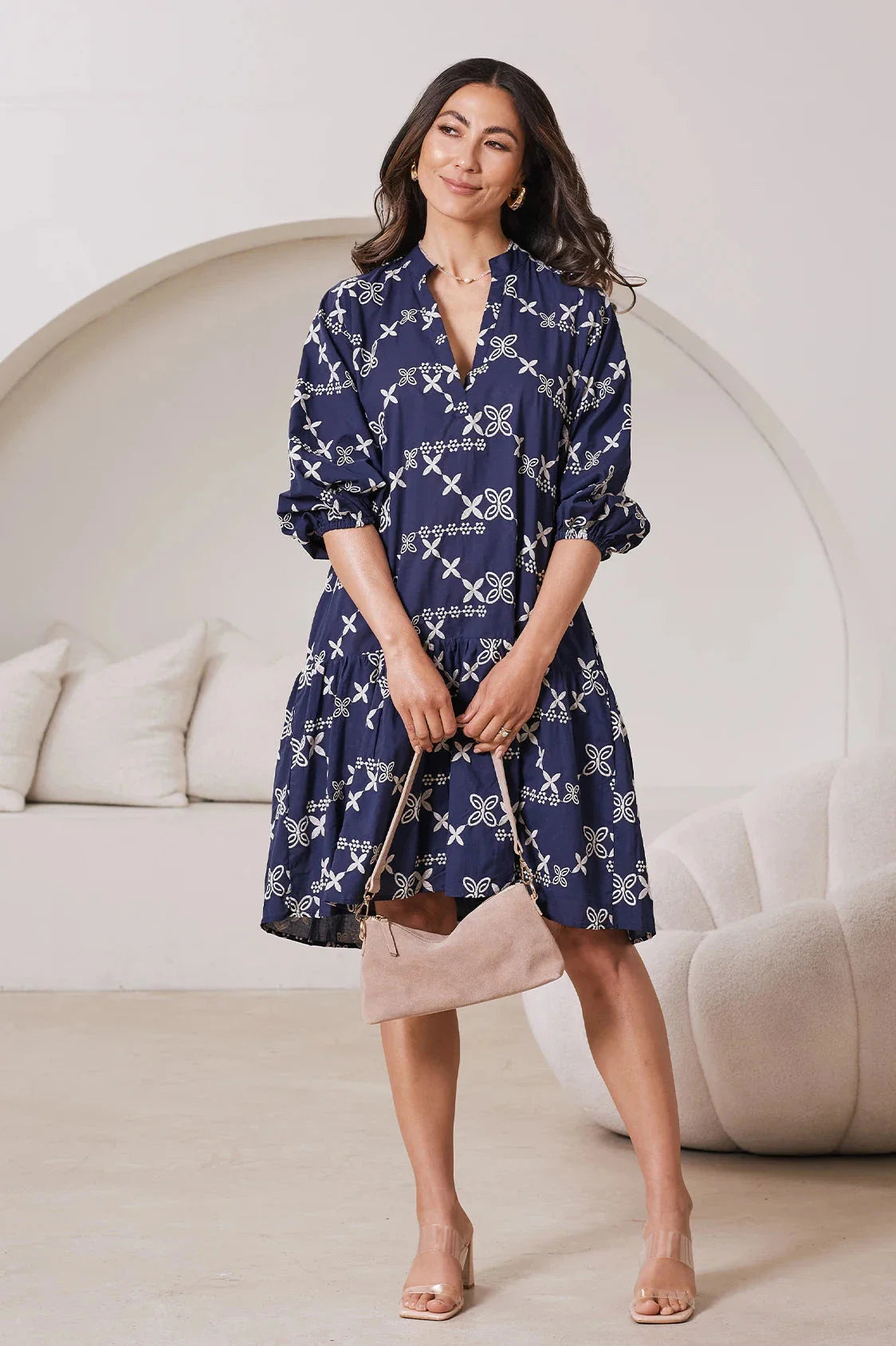 Valeria Embroidered Mid Sleeve Dress in Navy