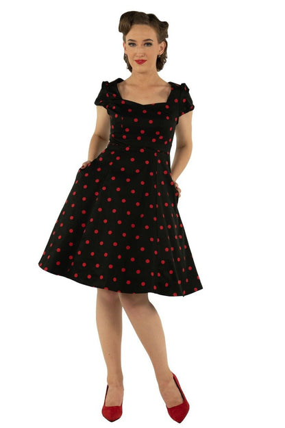 Claudia Flirty Fifties Style Polka Dot Dress In Black & Red