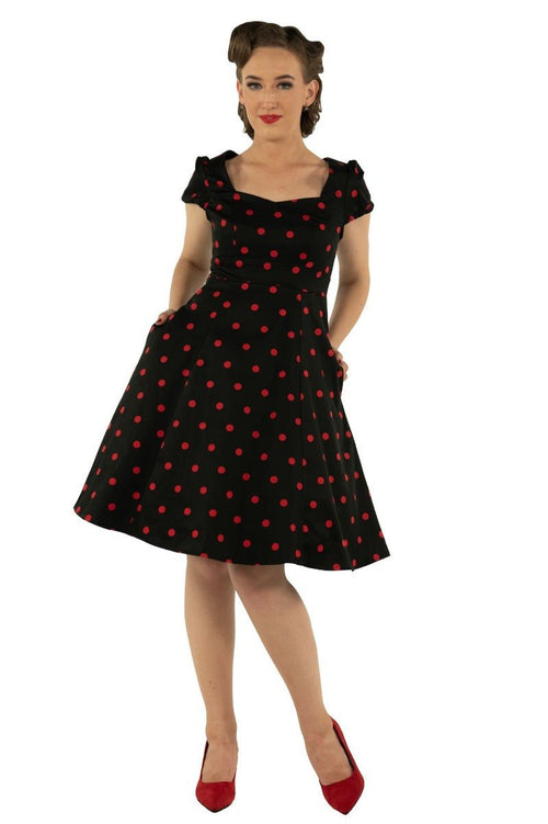 Claudia Flirty Fifties Style Polka Dot Dress In Black & Red