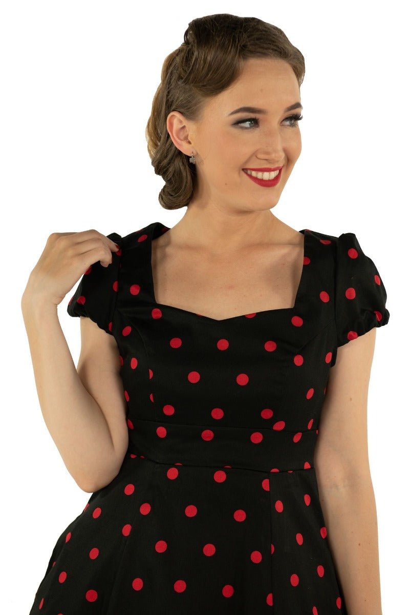 Claudia Flirty Fifties Style Polka Dot Dress In Black & Red