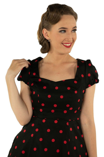 Claudia Flirty Fifties Style Polka Dot Dress In Black & Red