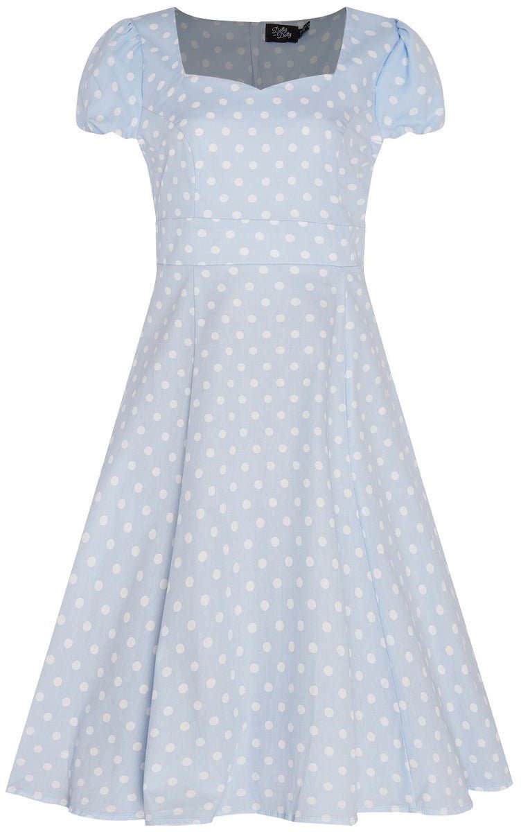 Claudia Fifties Style Flared Dress Pale Blue White Polka