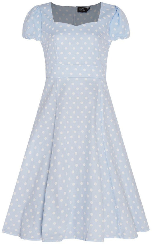 Claudia Fifties Style Flared Dress Pale Blue White Polka