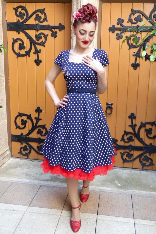 Claudia Flirty Fifties Style Dress in Dark Blue and White