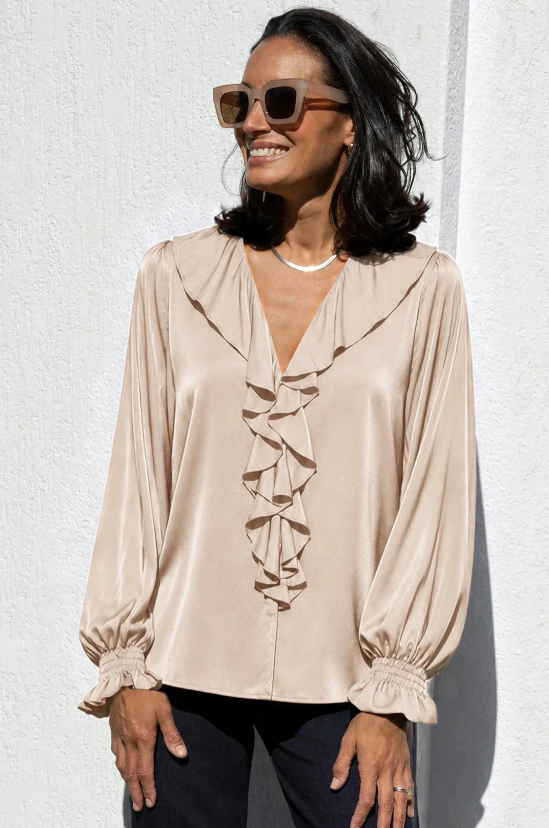 Alyssa Ruffle V-Neck Long Sleeve Top Taupe