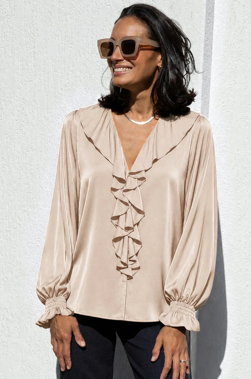 Alyssa Ruffle V-Neck Long Sleeve Top Taupe