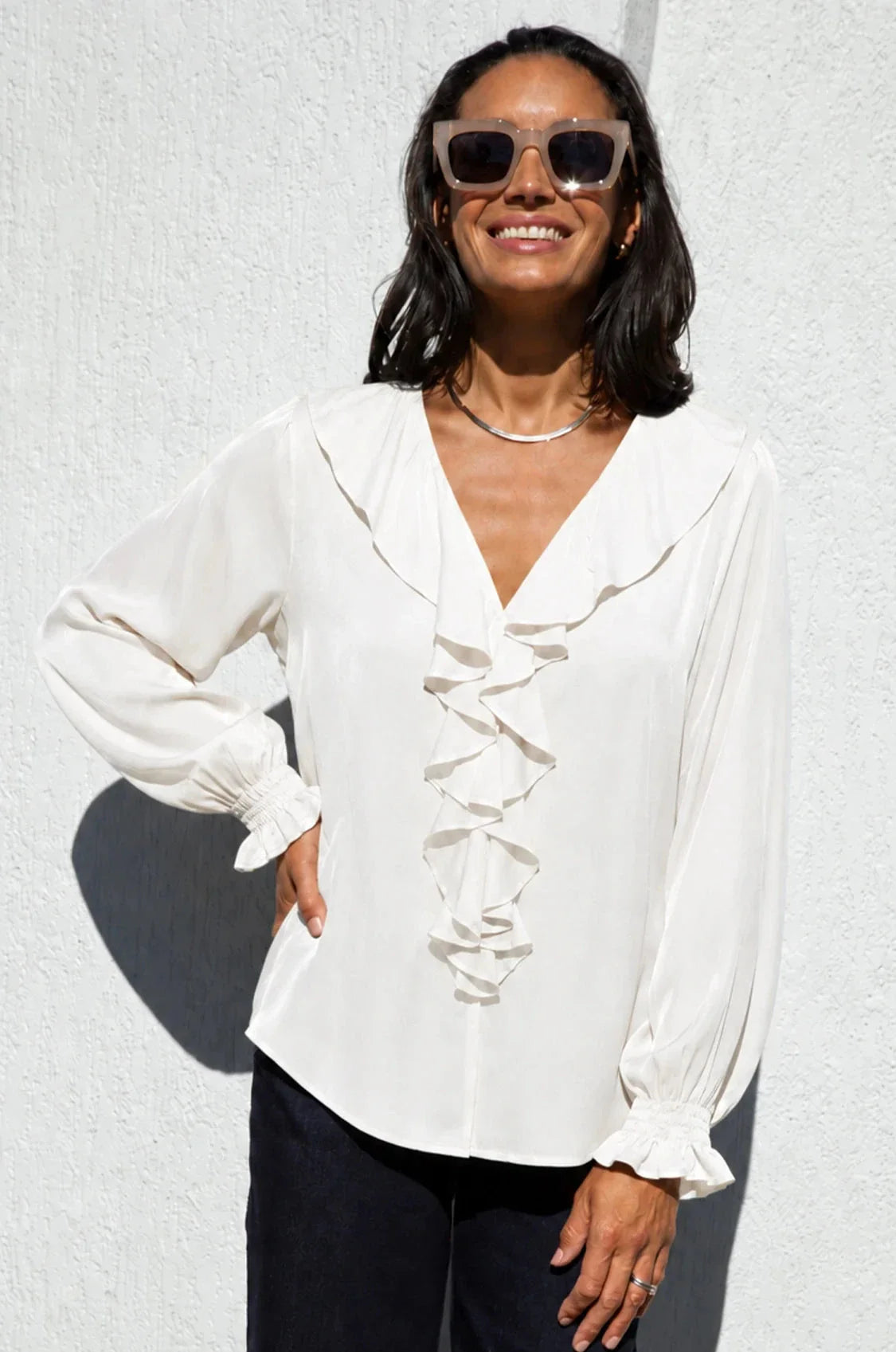Alyssa Ruffle V-Neck Long Sleeve Top Ivory - Pre Order