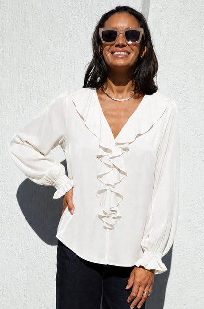 Alyssa Ruffle V-Neck Long Sleeve Top Ivory - Pre Order