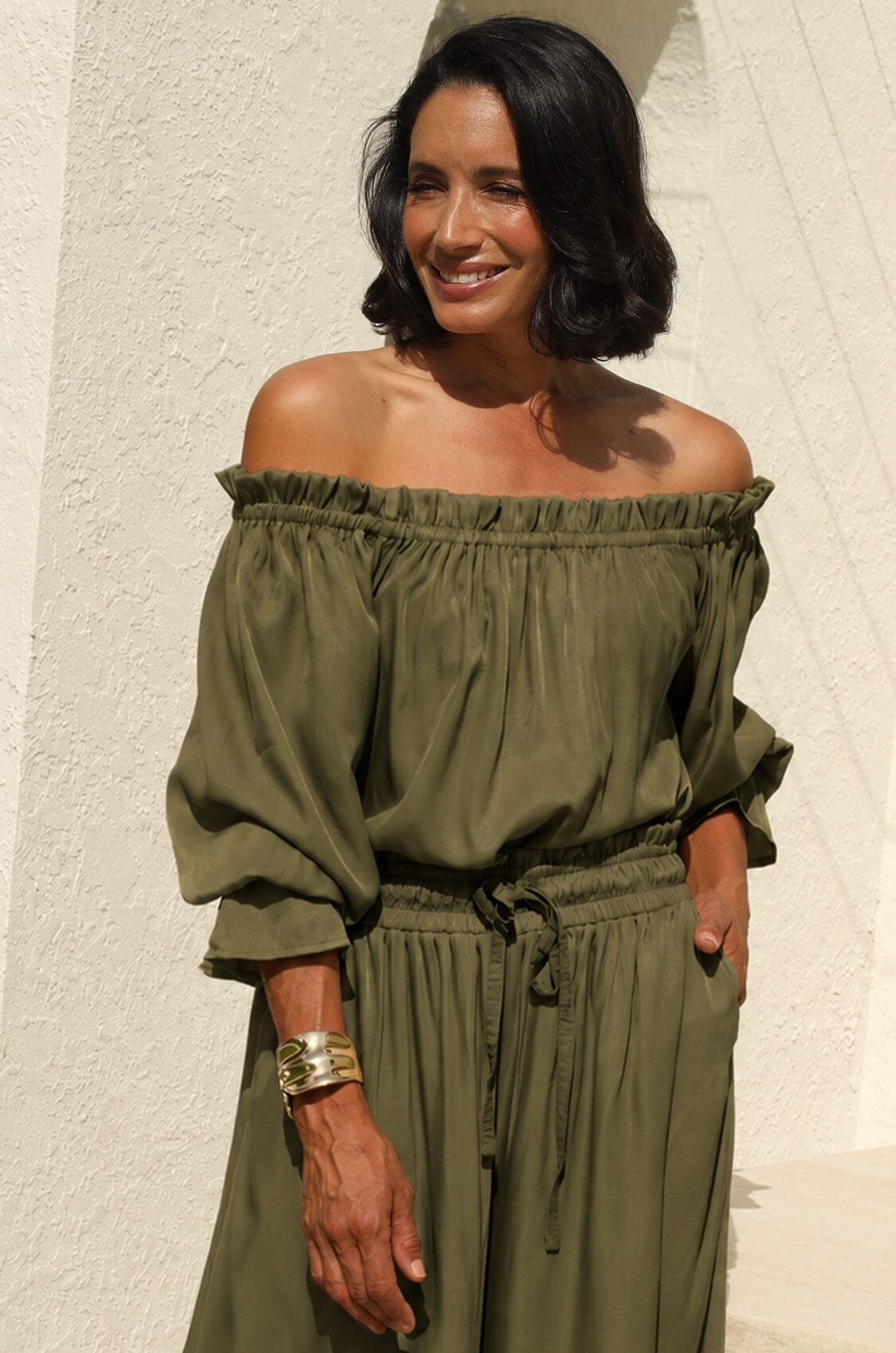 Vittoria Frill Trim Off Shoulder Long Sleeve Top Olive