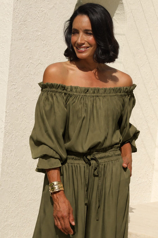 Vittoria Frill Trim Off Shoulder Long Sleeve Top Olive