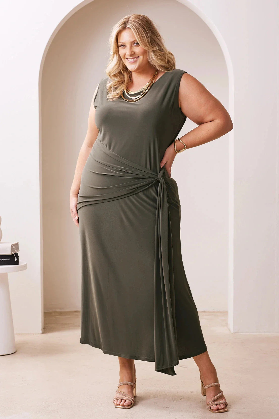 Angelica Sleeveless Midi Dress in Olive