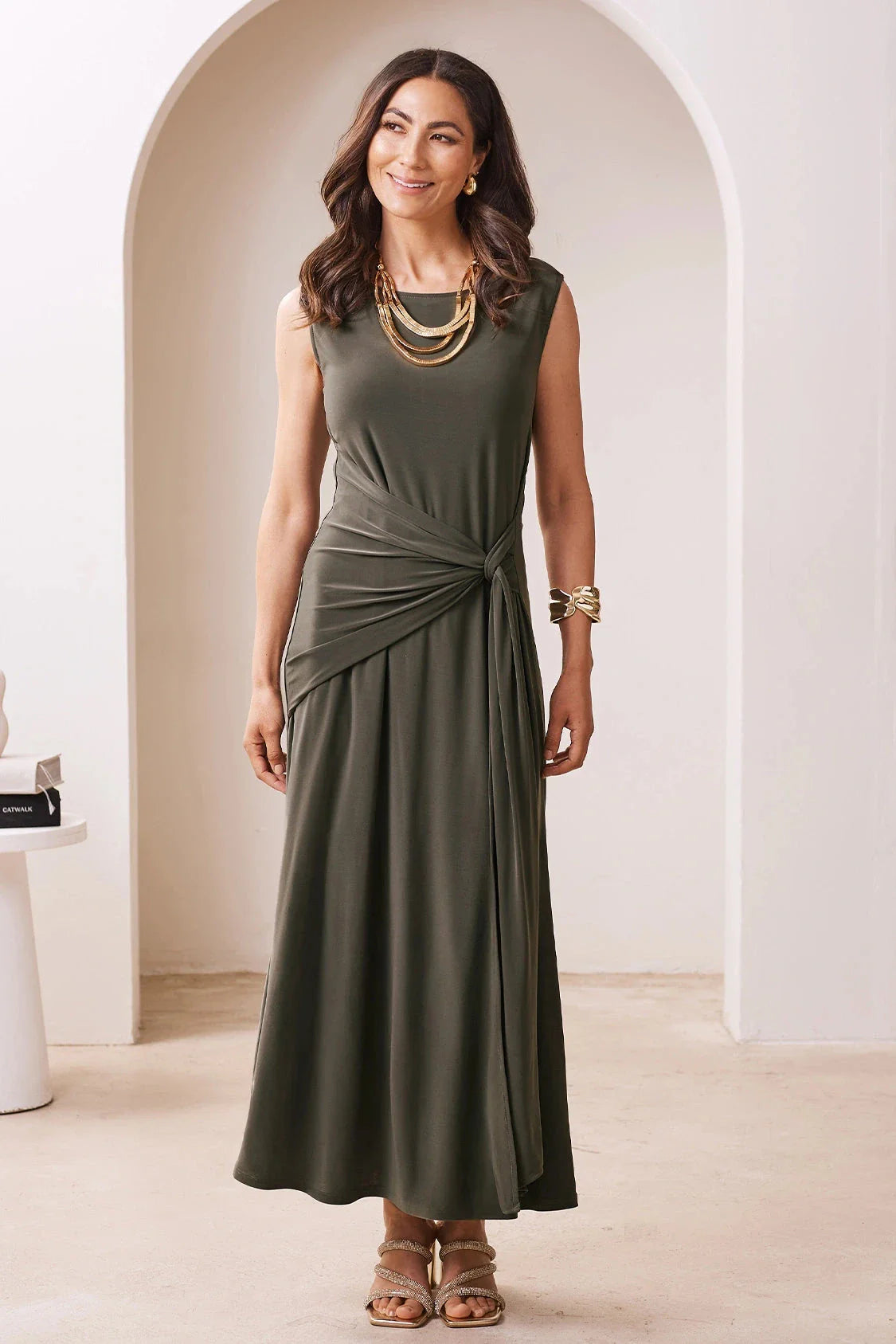 Angelica Sleeveless Midi Dress in Olive