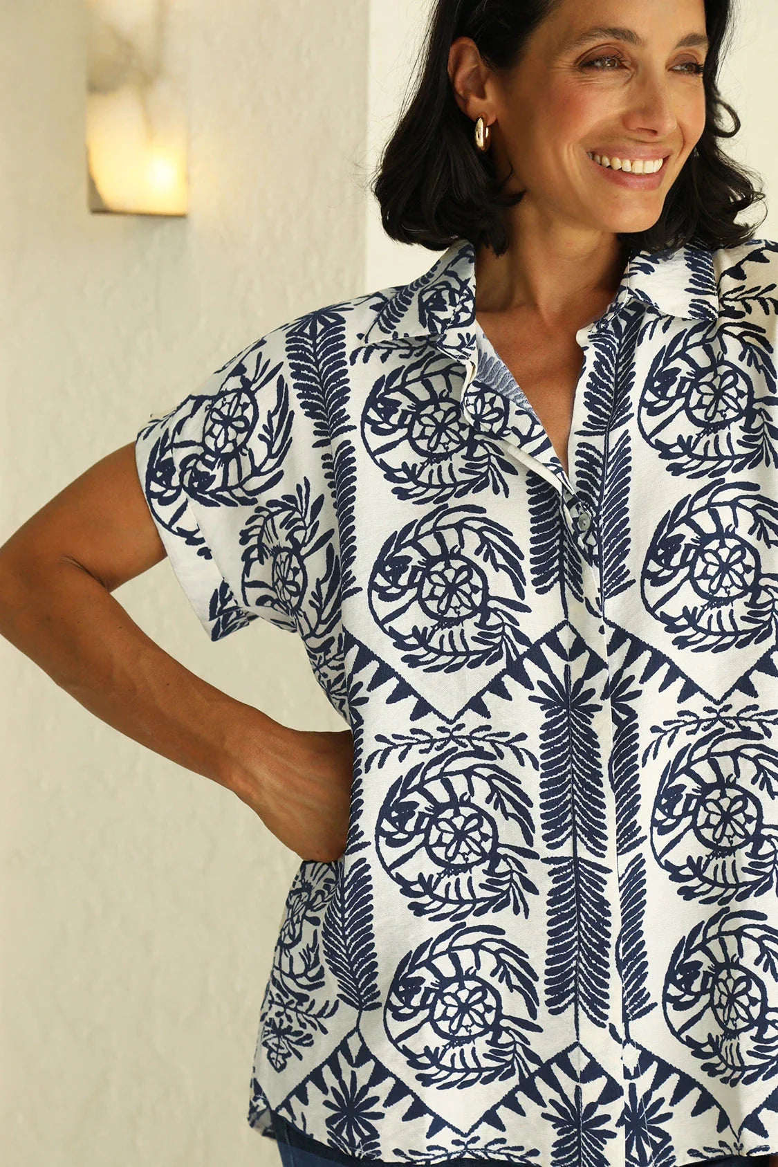 Antonella Collared Short Sleeve Top Navy
