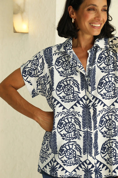 Antonella Collared Short Sleeve Top Navy