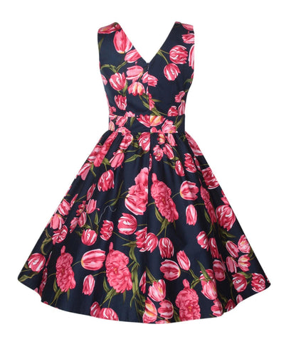 May V-neck 50s Style Floral Dress in Blue-Pink Tulip