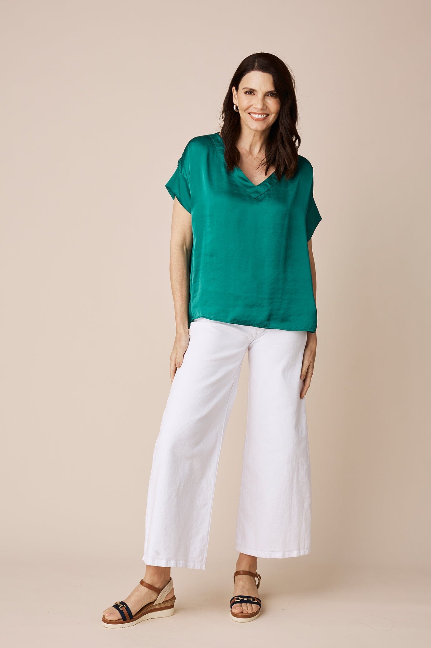 Bianca Short Sleeve Top Emerald with V Neck