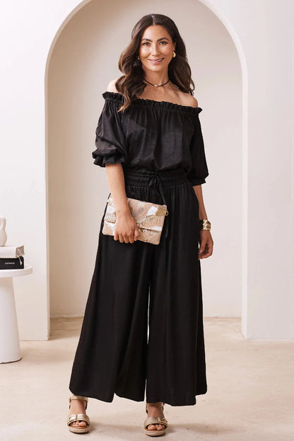 Vittoria Frill Trim Off Shoulder Long Sleeve Top Black