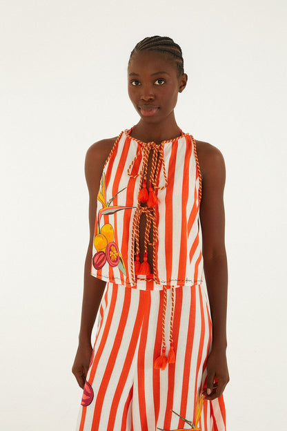Red Fruit Stripes Embroidered Rope Details Blouse