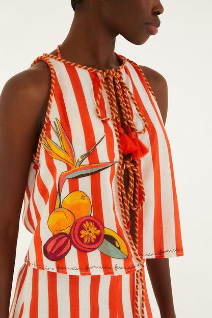 Red Fruit Stripes Embroidered Rope Details Blouse