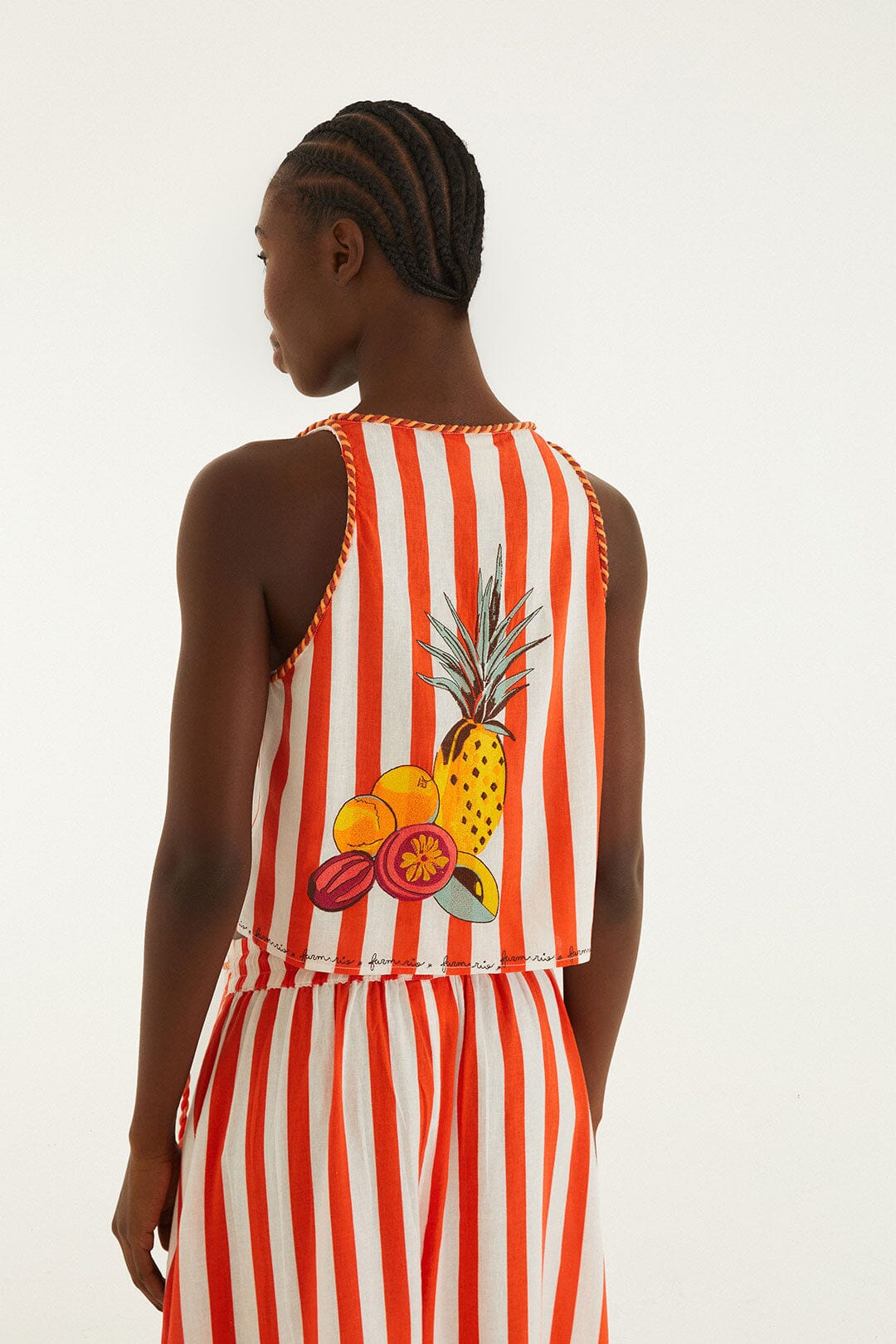 Red Fruit Stripes Embroidered Rope Details Blouse