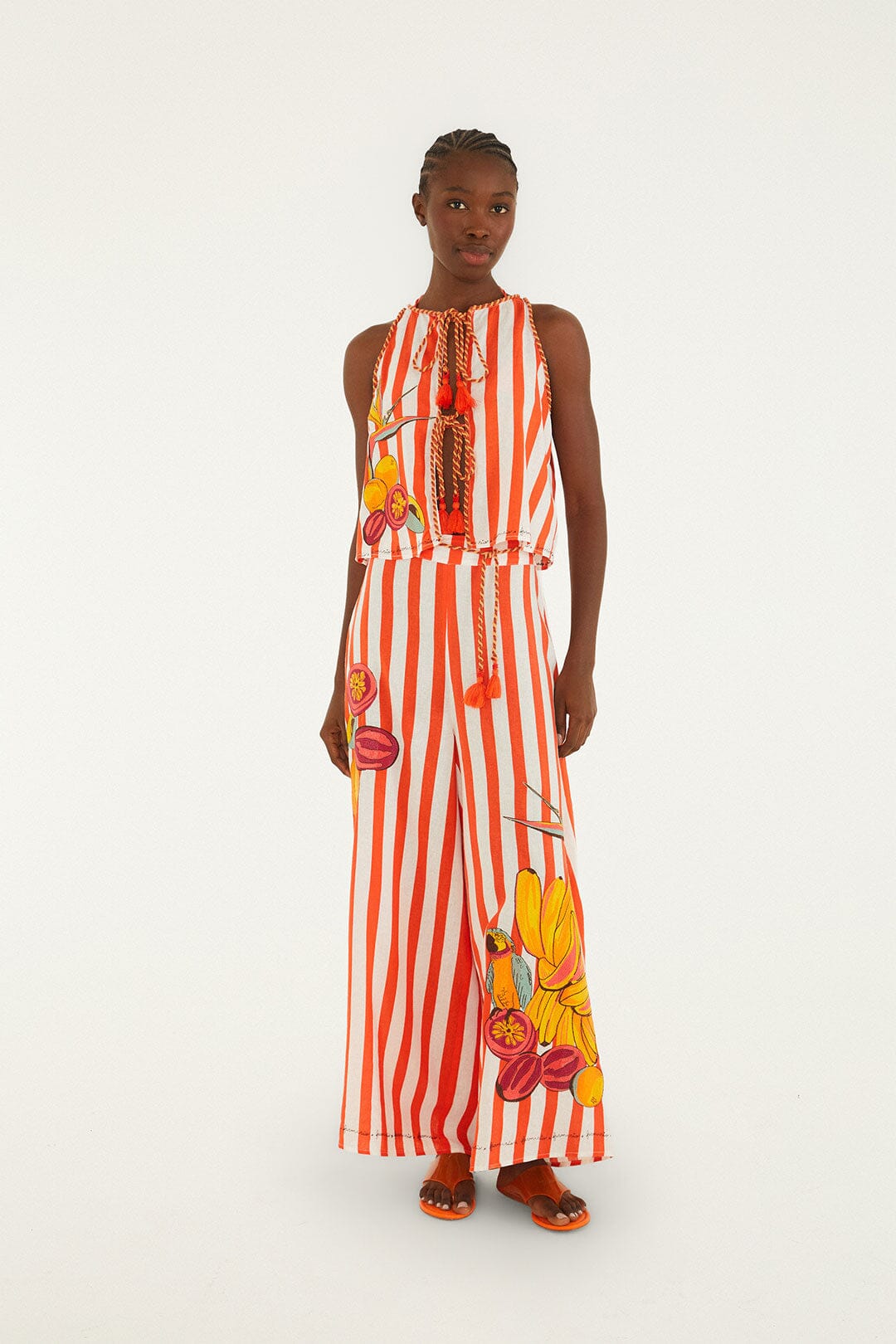 Red Fruit Stripes Embroidered Rope Details Blouse