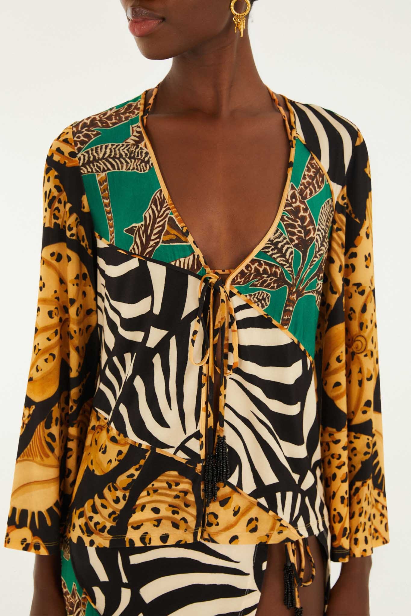 Mixed Patchwork Front Beaded Ties Blouse