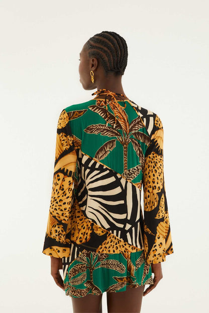 Mixed Patchwork Front Beaded Ties Blouse