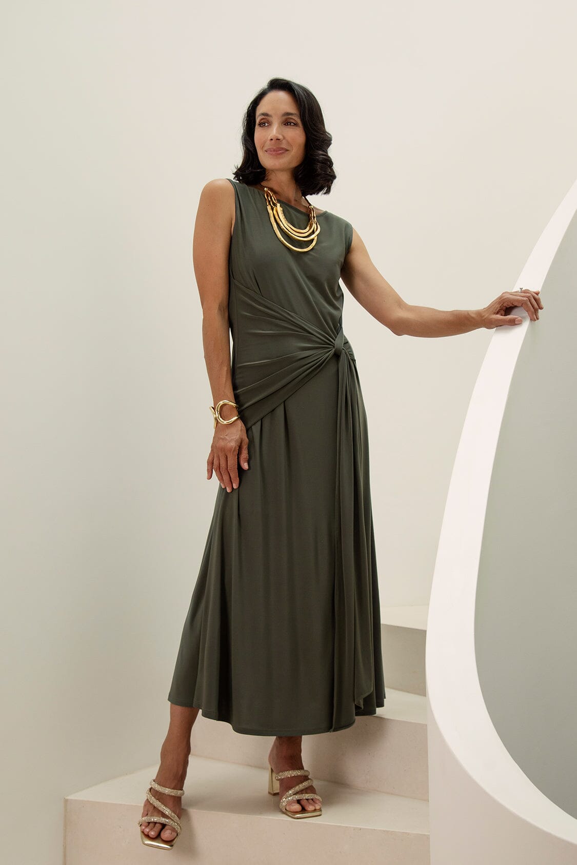 Angelica Sleeveless Midi Dress in Olive