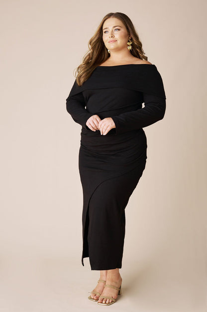 Megan Off Shoulder Midi Dress Black