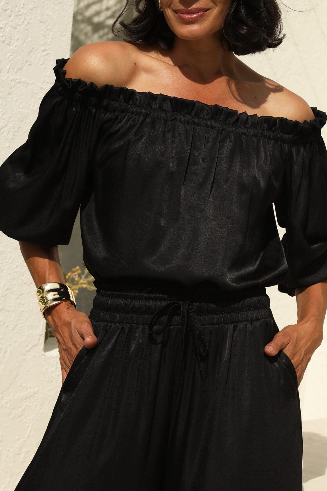 Vittoria Frill Trim Off Shoulder Long Sleeve Top Black