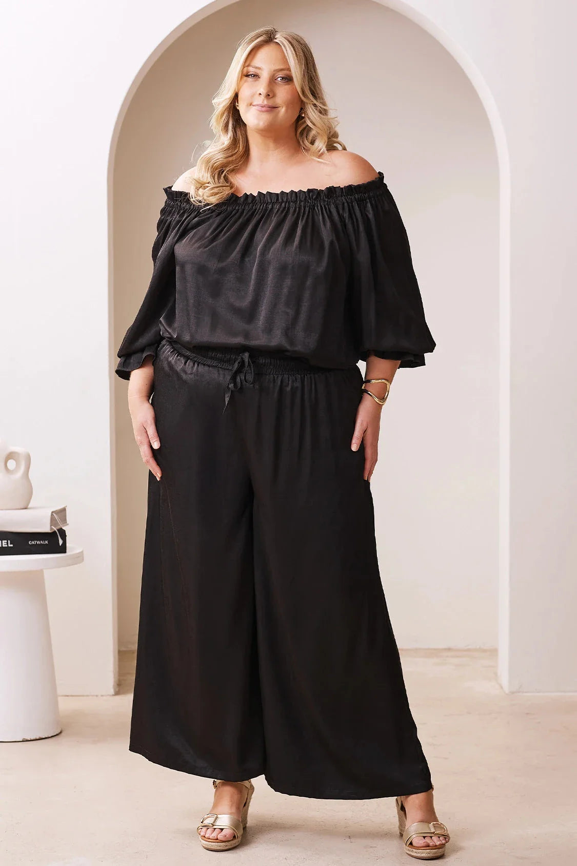 Vittoria Frill Trim Off Shoulder Long Sleeve Top Black