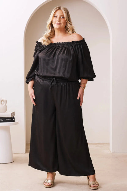 Vittoria Frill Trim Off Shoulder Long Sleeve Top Black