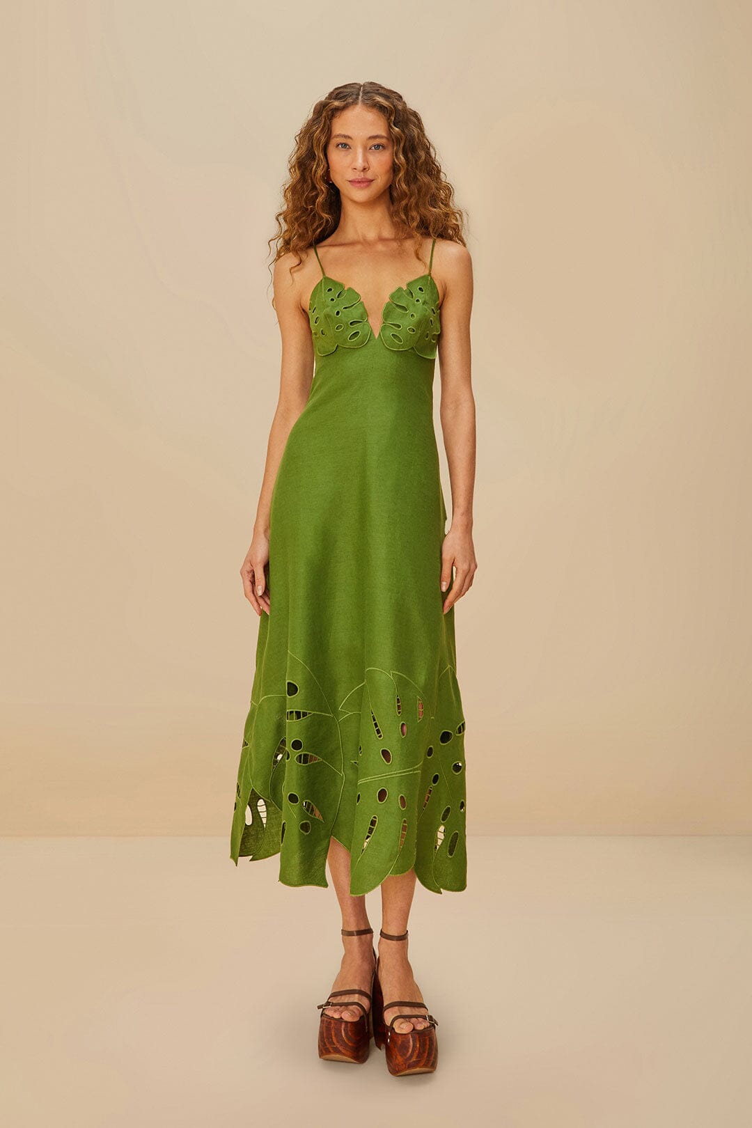 Green Monstera Embroidered Midi Dress