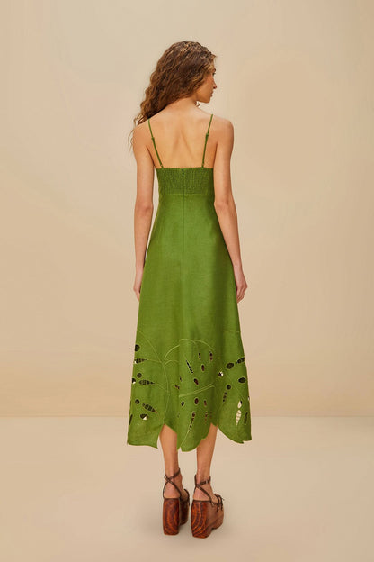 Green Monstera Embroidered Midi Dress