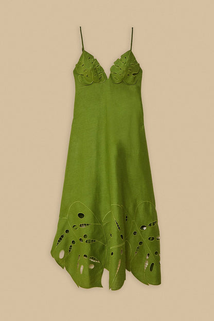 Green Monstera Embroidered Midi Dress