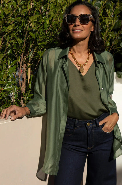 Maribelle Sheer Long Sleeve Top in Olive