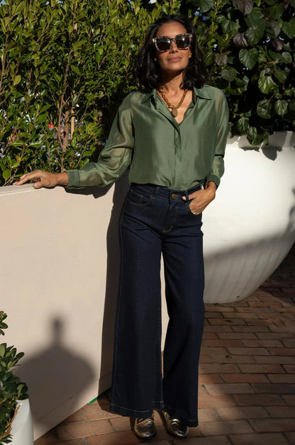 Maribelle Sheer Long Sleeve Top in Olive