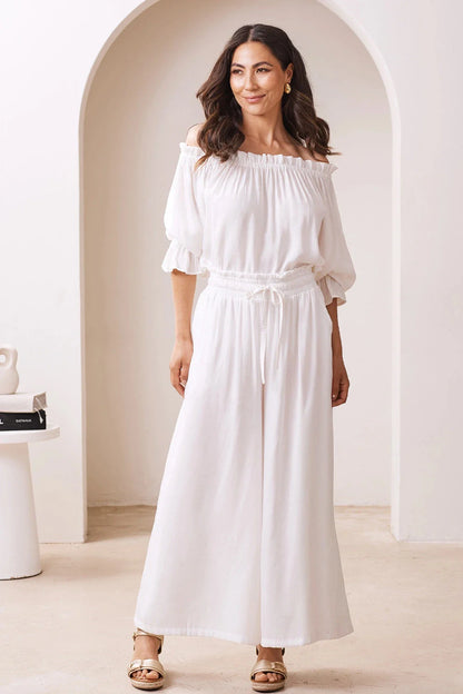 Vittoria Frill Trim Off Shoulder Long Sleeve Top Ivory