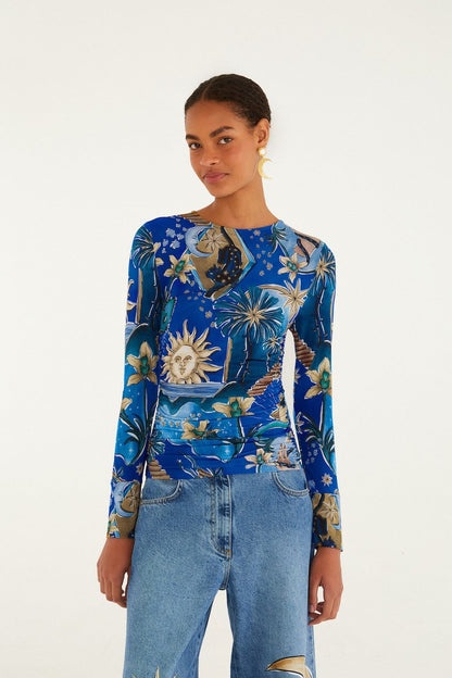 Blue Mystical Long Sleeve Jersey Blouse