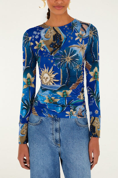 Blue Mystical Long Sleeve Jersey Blouse