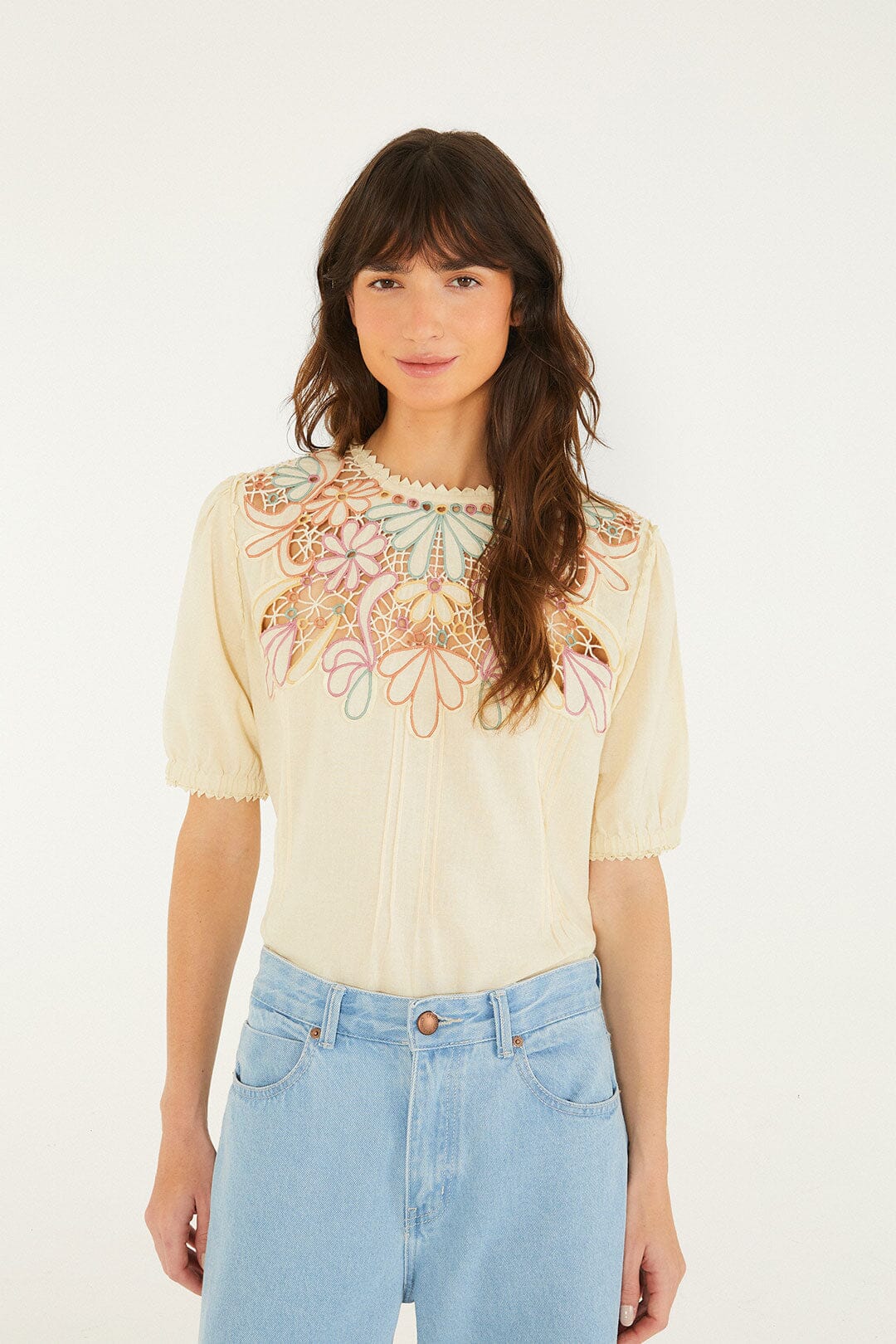 Beige Flower Embroidery Short Sleeve Blouse
