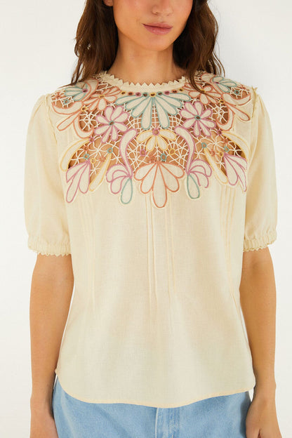 Beige Flower Embroidery Short Sleeve Blouse