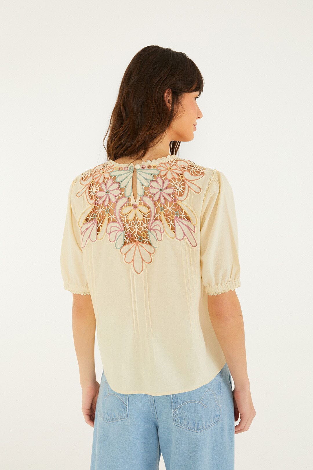 Beige Flower Embroidery Short Sleeve Blouse