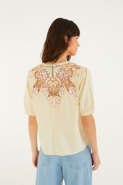 Beige Flower Embroidery Short Sleeve Blouse