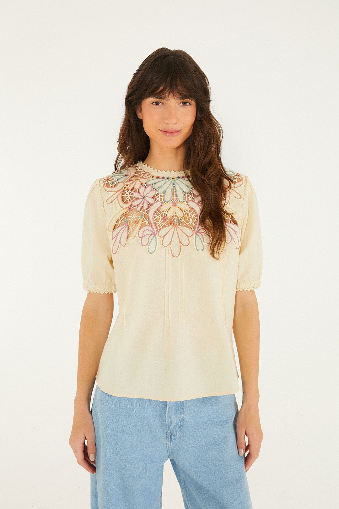 Beige Flower Embroidery Short Sleeve Blouse