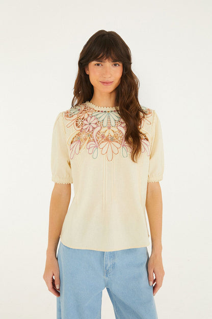 Beige Flower Embroidery Short Sleeve Blouse