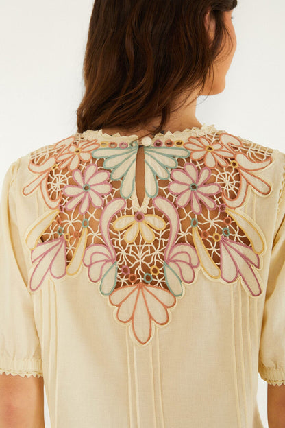 Beige Flower Embroidery Short Sleeve Blouse