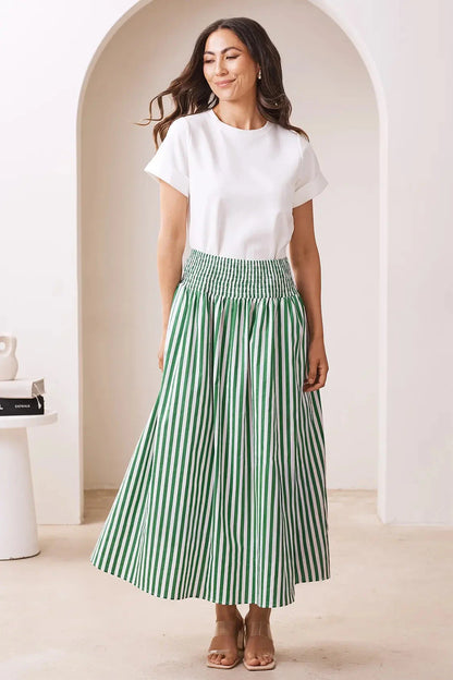 Brooke Midi A-Line Skirt Striped Emerald & White